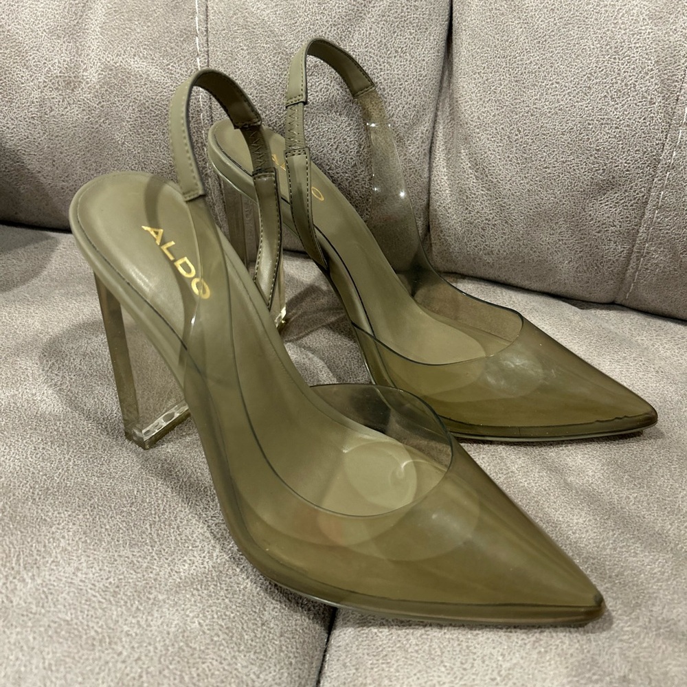 Aldo Olive Green Clear Pointed Toe Slingback Heels